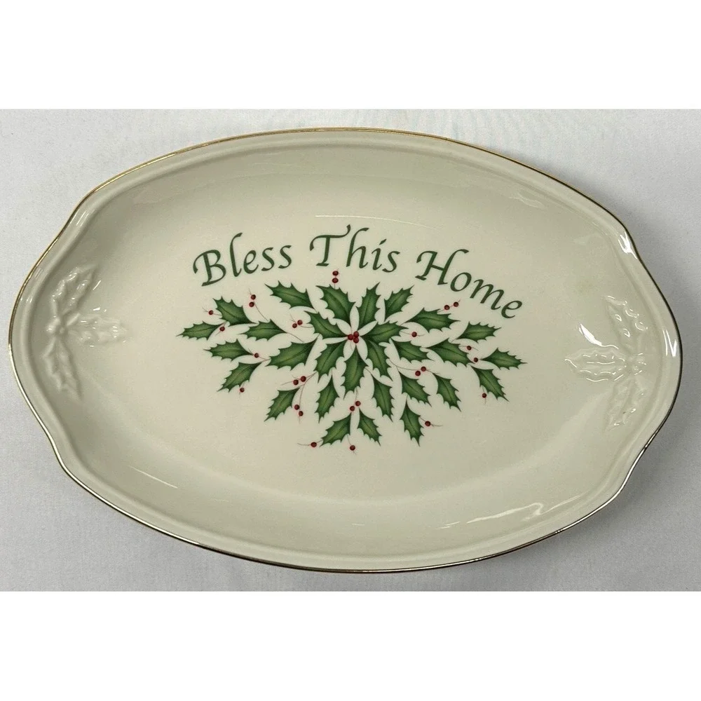Lenox Holiday Bless This Home Tray Serving Dish-Dimension Collection-Holly Berry